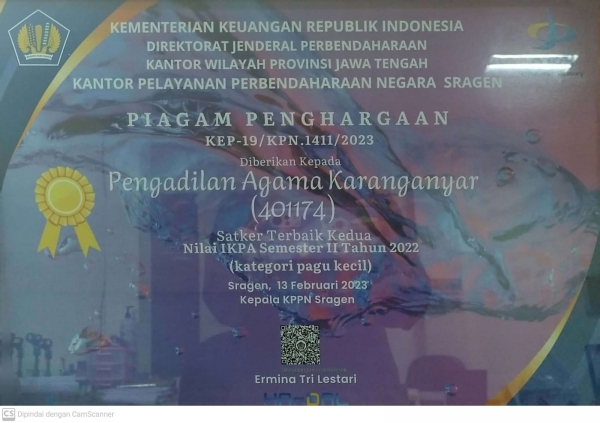 PENGADILAN AGAMA KARANGANYAR MERAIH NILAI IKPA TERBAIK KEDUA TAHUN 2022 KATEGORI PAGU KECIL